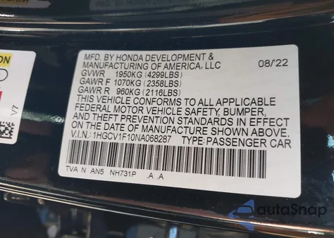 2022 Honda Accord Lx z USA, uszkodzony, nr VIN 1HGCV1F10NA068287